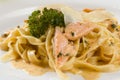 Delicious salmon pasta dish, tagliatelle noodles with Parmesan and parsley Royalty Free Stock Photo