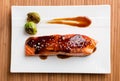 Delicious salmon teriyaki dish top view.