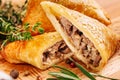 Delicious samosa pies with meat on plate. Menu, restaurant, recipe concept. Served in traditional oriental restaurant.