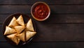 Delicious Samosas on Plate with Sauce and Wooden Background, Copy Space