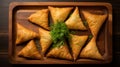 Delicious Samosas And Tzatziki On A Stylish Wooden Board