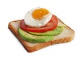 Delicious sandwich with boiled egg, pieces of avocado and tomato slice isolated on white Royalty Free Stock Photo