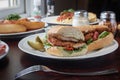 Delicious sandwich with fried chicken tomatoes and lettuce on a plate with marinated cucumbers
