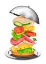 Delicious sandwich with ingredients in the air at the Restaurant Royalty Free Stock Photo