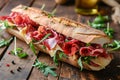 A delicious sandwich with layers of meat, cheese, and herbs is showcased on a rustic wooden table, Baguette sandwich with thin Royalty Free Stock Photo