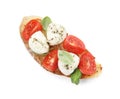 Delicious sandwich with mozzarella, fresh tomato and basil isolated on white, top view