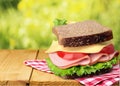 Delicious sandwich with rye bread on wooden