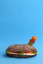 Delicious sandwich with sauce and colourful tomatoes on the blue surface Royalty Free Stock Photo