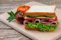 A delicious sandwich with sausage, cheese, tomatoes and lettuce Royalty Free Stock Photo