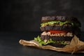 Delicious sandwich with tuna, tomatoes and lettuce on black table, space for text Royalty Free Stock Photo