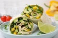 Delicious sandwich wraps with fresh vegetables and slice of lime on plate, closeup Royalty Free Stock Photo