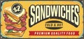 Delicious sandwiches retro yellow sign design