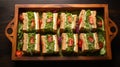 Delicious Sandwiches On A Wooden Tray - Stock Photo