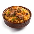 Delicious Saudi Arabian Kabsa with Chicken and Rice in a Bowl on White Background .