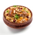 Delicious Saudi Arabian Kabsa with Chicken and Rice in a Bowl on White Background .