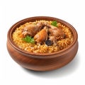 Delicious Saudi Arabian Kabsa with Chicken and Rice in a Bowl on White Background .