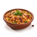 Delicious Saudi Arabian Kabsa with Chicken and Rice in a Bowl on White Background .