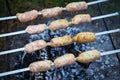 Delicious sausages on a skewer. Rest, friends, outdoors Royalty Free Stock Photo