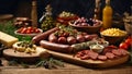 delicious sausages the table traditional food cheese, olives natural