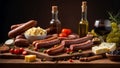 delicious sausages the table traditional food cheese, olives