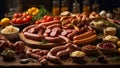 delicious sausages the table traditional food cheese, olives natural lunch