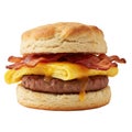 Delicious savory breakfast sandwich with biscuit, sausage, egg, and bacon Royalty Free Stock Photo