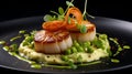 Delicious scallops with pea and mint puree, topped with crispy fried shallots and microgreens Royalty Free Stock Photo