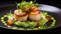 Delicious scallops with pea and mint puree, topped with crispy fried shallots and microgreens Royalty Free Stock Photo