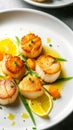 Delicious scallops seared in butter with peas and butternut squash and herbs