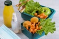 Delicious school lunch. Hygiene and protection against bacteria and viruses. Lunch box with a sandwich, fresh vegetables and Royalty Free Stock Photo