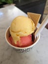 Delicious scoops of yellow and red Roland Ice Cream