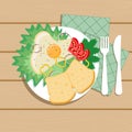 Delicious scrambled eggs with cabbage and dill. White bread slices. Pieces of tomatoes on a white plate. Fork and knife