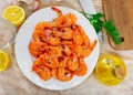 Delicious seafood dish, shrimps served with parsley and lemon