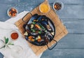 Delicious seafood fresh mussels on wooden table. Royalty Free Stock Photo