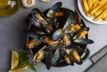 Delicious seafood mussels with parsley sauce and lemon. Delicious steamed mussels