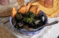Delicious seafood mussels with parsley and toast. Clams in the shells.Food concept