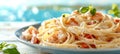 Delicious seafood pasta dish on blurred restaurant background with space for text Royalty Free Stock Photo