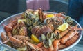 Delicious seafood plate: crab, shrimp, norway lobsters