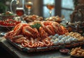 Delicious seafood platter with shrimps oysters and mussels on wooden table Royalty Free Stock Photo