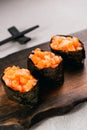 Delicious seafood, salmon gunkan maki sushi rolls