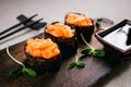 Delicious seafood, salmon gunkan maki sushi rolls