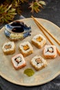 Delicious seafood starter of Japanese sushi rolls Royalty Free Stock Photo