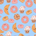 Delicious seamless pattern with cute bakery and cookie characters on blue background. Vector Illustration for wallpaper