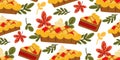 Delicious seamless pattern with cute cherry pie and autumn leaves. Vector illustration in a flat style for the