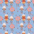 Delicious seamless pattern with retro vintage cartoon characters food and drink. Cute glass of coffee, donut and cupcake