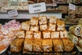 Delicious selection of Knafeh for sale at Carmel open air Market in Tel Aviv.