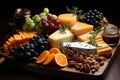 Delicious selection of various cheese types beautifully presented on rustic wooden table