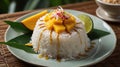A delicious serving of mango sticky rice garnished with lime and flowers Royalty Free Stock Photo