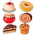 Delicious set of desserts - cheesecake, jam, cupcake, donut, swiss roll. Royalty Free Stock Photo