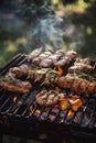 Delicious shashlik skewers with meat and vegetables on a charcoal grill outdoors